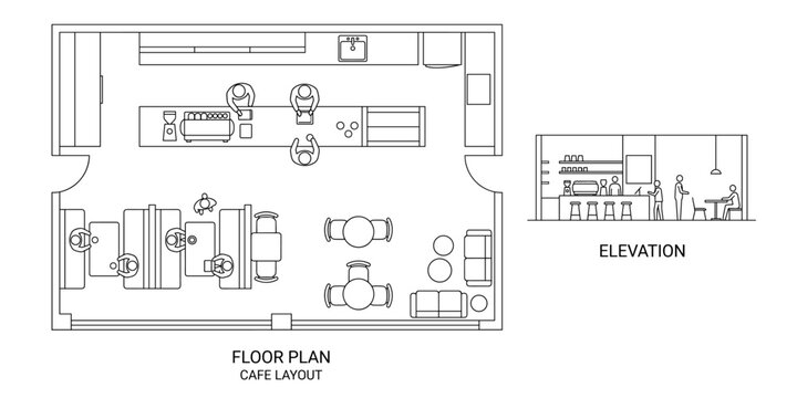Modern cafe interior blueprint drawings with coffee station, seating layout and people. Minimal CAD top view and elevation vector illustration