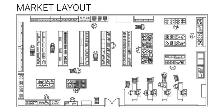 Retail supermarket floor plan vector illustration with shoppers, carts, checkout counters and grocery aisles in top view architectural layout blueprint outline style