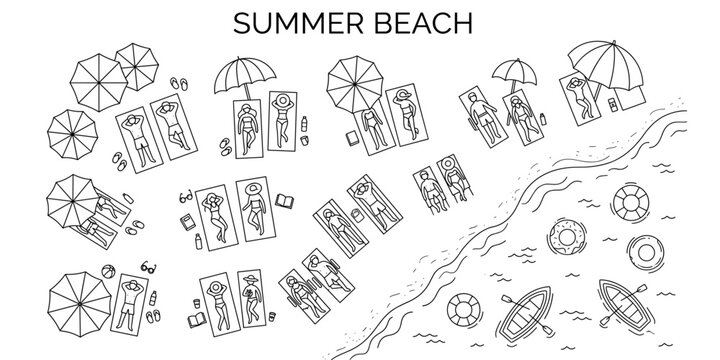Overhead beach leisure people illustration. Summer vacation top view with umbrellas, relaxing tourists, seaside holiday activities in clean minimal vector style.