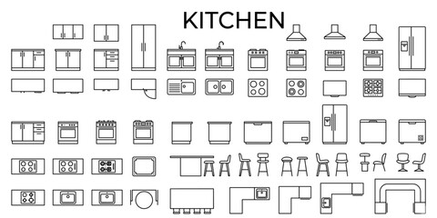 Kitchen floor plan icon set vector illustration. Architectural interior CAD symbols with cabinets, sink, faucet, oven, fridge, island and top view elevations © JIm Studio