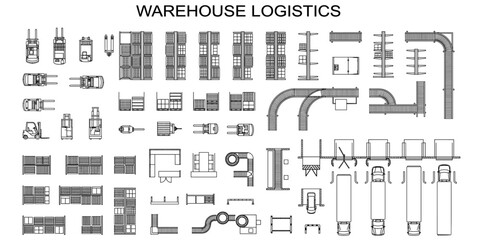 Industrial warehouse floor plan CAD symbols. Forklifts, pallet racking, conveyors, trucks and loading bay logistics vector illustration © JIm Studio