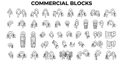 Shopping people CAD blocks top view. Customer walking symbols with bags for mall, retail, interior plan and architectural vector illustration © JIm Studio