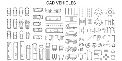 Vehicle CAD blocks top view vector illustration. Cars, buses, trucks, motorcycles and bicycles for urban planning architectural symbols © JIm Studio