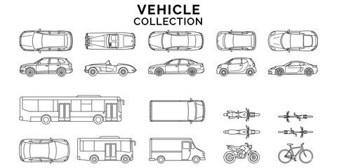 Architectural vehicle CAD block collection with car top view, side elevation, SUV, sedan, bus, van, motorcycle and bicycle vector illustration © JIm Studio