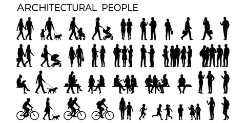 Obraz na płótnie Canvas Solid human scale silhouette set for architecture presentations, site plan entourage, section figures, walking sitting standing people vector illustration
