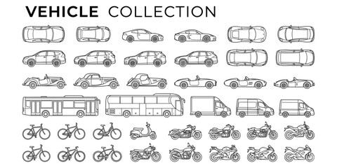 Urban transport architecture drawing set with vehicle elevations, top view cars, classic auto, SUV, bus, scooter and bicycle vector illustration © JIm Studio