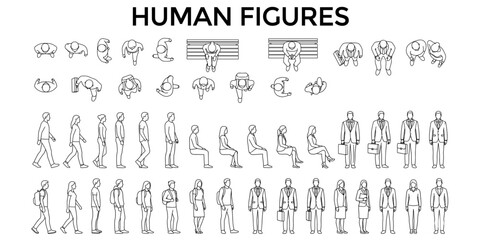 Architectural human figure CAD blocks with people top view plans, side elevations, walking sitting standing business person vector illustration © JIm Studio