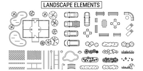 Architecture landscape site plan vector illustration. Top view trees, cars, furniture, pond, garden, park, house, exterior layout elements © JIm Studio