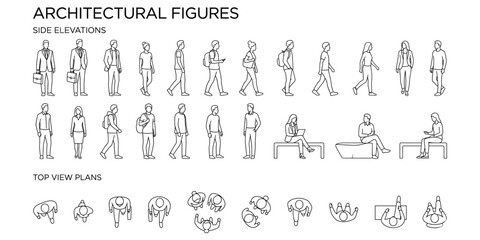 Architectural people CAD blocks vector illustration. Human figure line drawings, top view plan, side elevation, walking sitting standing entourage set © JIm Studio