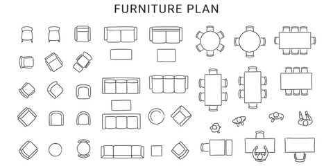 Architectural furniture and people floor plan vector illustration. Top view interior layout with chairs, sofa, tables, human figures and design elements © JIm Studio