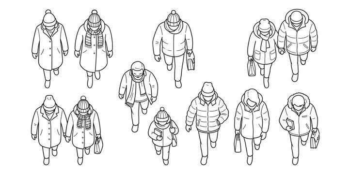 Overhead winter pedestrians vector illustration, architectural top view people walking in coats, scarves and jackets for city street planning