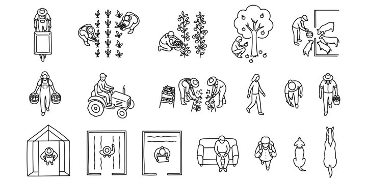 Farm workers architectural vector illustration, top view farmers planting crops, harvesting apples and feeding animals for landscape drawing