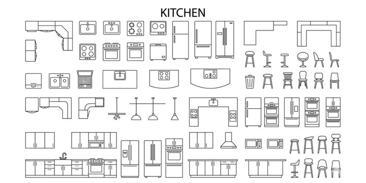 Kitchen architectural CAD blocks vector illustration. Interior floor plan icons, top view elevations, cabinets, sink, stove, refrigerator and island layout
