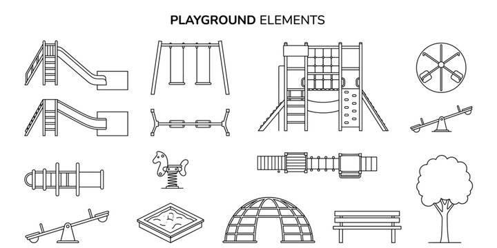 Children playground equipment CAD blocks top view and elevation. Park design, slides, swings, benches, play area architectural vector illustration