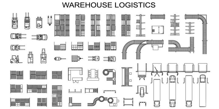 Industrial warehouse floor plan CAD symbols. Forklifts, pallet racking, conveyors, trucks and loading bay logistics vector illustration