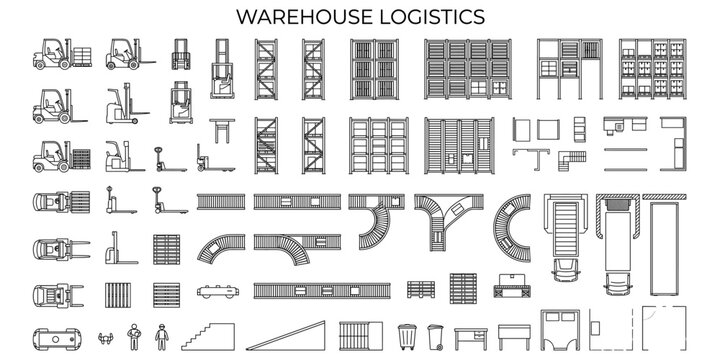 Warehouse logistics CAD blocks top view plan. Forklift, conveyor belt, pallet rack, loading dock and industrial layout vector illustration