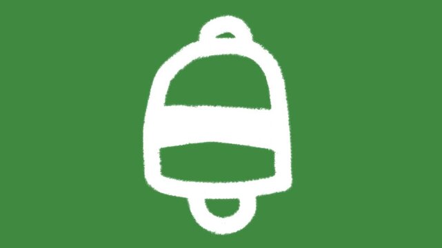 White chalk school bell outline icon drawn isolated on green screen chalkboard texture for simple alert buzzer reminder line art doodle cartoon animation.