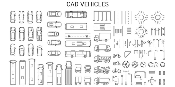 Vehicle CAD blocks top view vector illustration. Cars, buses, trucks, motorcycles and bicycles for urban planning architectural symbols