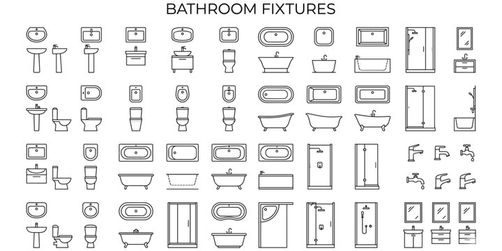 Bathroom fixture CAD symbols vector illustration. Plan and elevation bathroom furniture, sink, tub, shower, faucet, toilet for architecture drawings