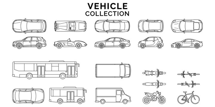 Architectural vehicle CAD block collection with car top view, side elevation, SUV, sedan, bus, van, motorcycle and bicycle vector illustration