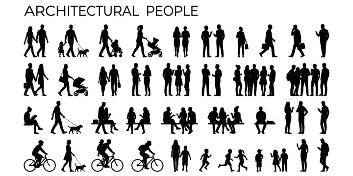 Solid human scale silhouette set for architecture presentations, site plan entourage, section figures, walking sitting standing people vector illustration