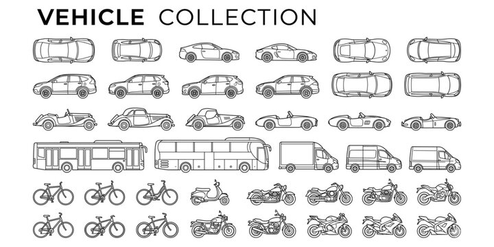 Urban transport architecture drawing set with vehicle elevations, top view cars, classic auto, SUV, bus, scooter and bicycle vector illustration