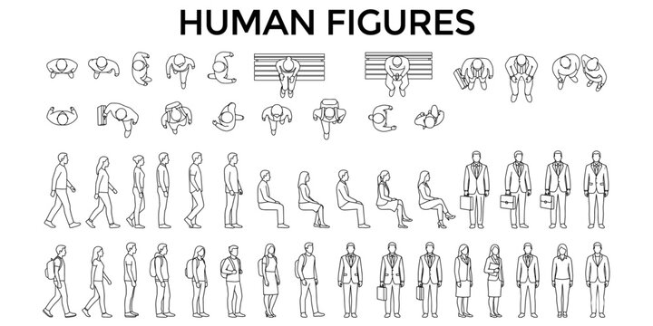 Architectural human figure CAD blocks with people top view plans, side elevations, walking sitting standing business person vector illustration