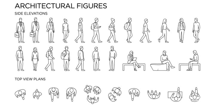 Architectural people CAD blocks vector illustration. Human figure line drawings, top view plan, side elevation, walking sitting standing entourage set