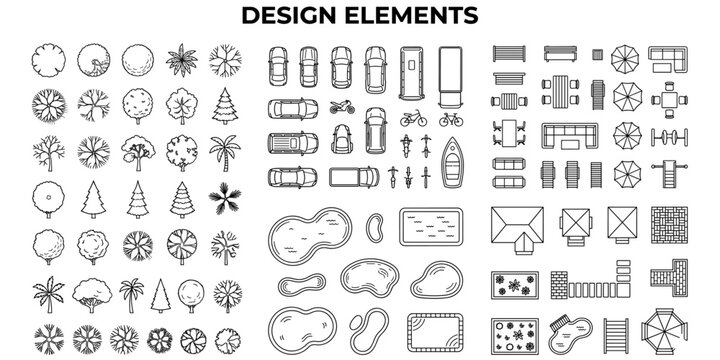 Architectural landscape design vector set. Top view garden plan elements, trees, vehicles, benches, pond, building site layout drawing