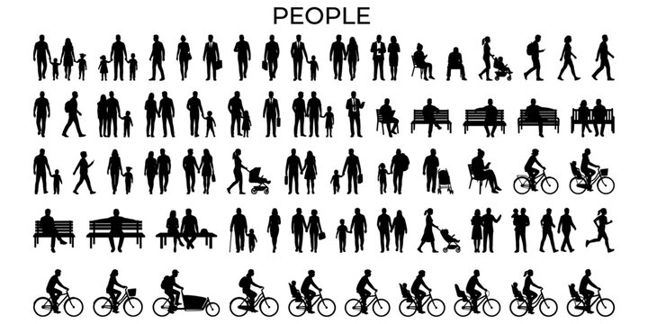 Black architectural people silhouette set for elevation, site planning, urban scale figures, walking, sitting, cycling, family and crowd vector illustration