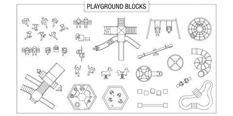 Children playground CAD blocks vector illustration. Kids playing top view, running people, architectural plan figures for park layout © JIm Studio