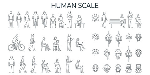 Human figure reference vector set. Architecture scale people silhouettes for floor plan, elevation, section, front, side and top views © JIm Studio