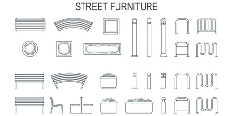Urban street furniture technical drawing vector. CAD benches, bollards, planters and bike racks for landscape architecture plans © JIm Studio
