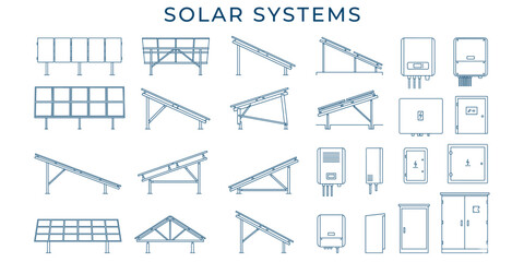 Solar panel mounting system elevation vector illustration. Inverters, outdoor electrical enclosures, renewable energy equipment CAD outline collection © JIm Studio