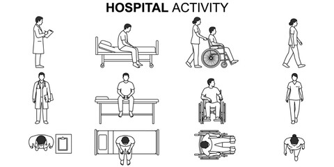 Hospital architectural people vector illustration set. Doctor, nurse, patient and wheelchair figures for floor plan, elevation, section and medical diagrams © JIm Studio