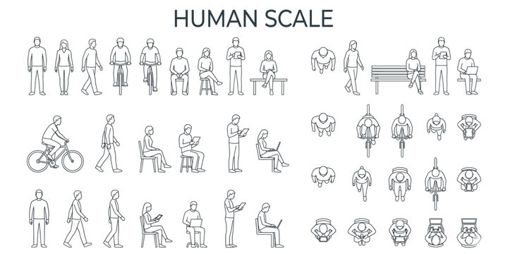 Human figure reference vector set. Architecture scale people silhouettes for floor plan, elevation, section, front, side and top views