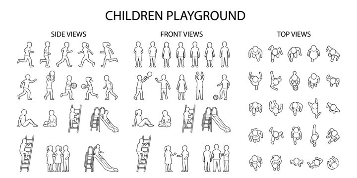 Architectural playground children outline vector illustration. Kids running, ball play, sitting, climbing, standing group, front side and top view CAD people set
