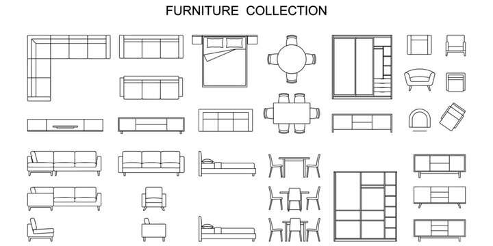 Modern furniture CAD blocks vector illustration. Sofa, bed, dining table, chair, wardrobe, cabinet and armchair top view plan elevation outlines