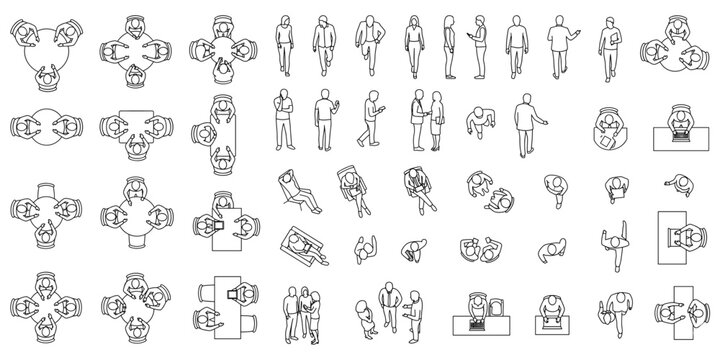 Top view people silhouette CAD vector illustration. Architectural floor plan human figures, interior layout symbols, technical drawing set