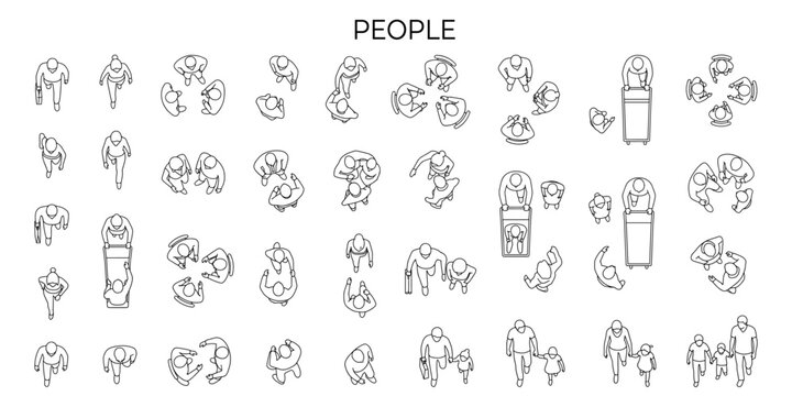 CAD people top view silhouettes vector illustration. Architecture floor plan figures, human scale symbols, interior design technical drawing