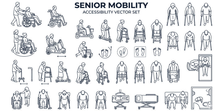 Senior disabled people top view vector illustration. Elderly wheelchair, walking cane, walker and accessible healthcare figures for architectural floor plans