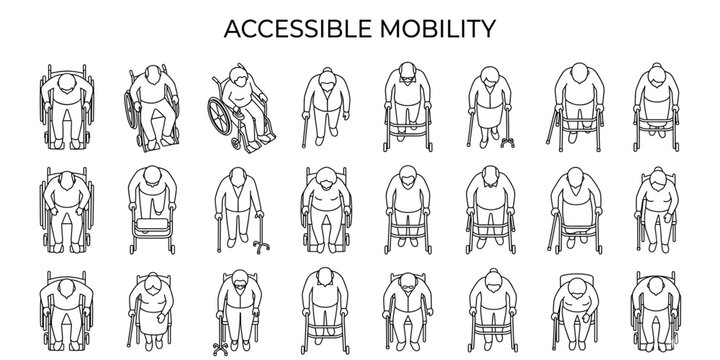 Top view elderly disabled people vector illustration. Wheelchair, walker, cane, senior mobility and accessibility figures for floor plans and site layouts