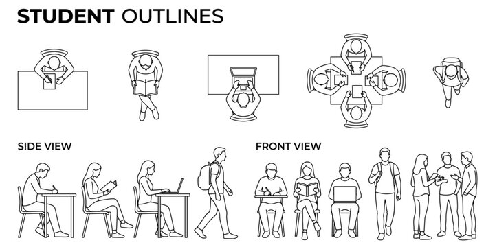 Student people outlines for architecture plans vector illustration. Classroom activity, reading, writing, laptop, backpack, front side top views