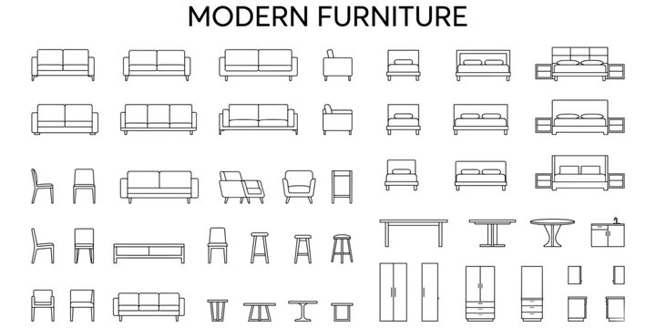 Architectural furniture elevation CAD blocks vector illustration. Sofa chair bed table cabinet, interior side view technical drawing set