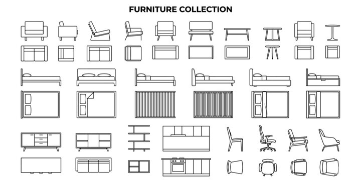 Furniture CAD blocks for architecture vector illustration. Modern sofa, chair, bed, table, cabinet, side view technical elevation collection