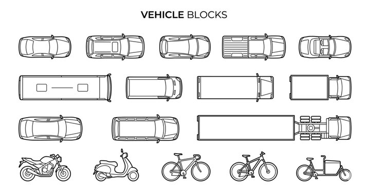 Top view vehicle CAD blocks vector illustration. Cars, buses, trucks, motorcycles and bicycles for architectural plans, urban planning, blueprint and transport layout