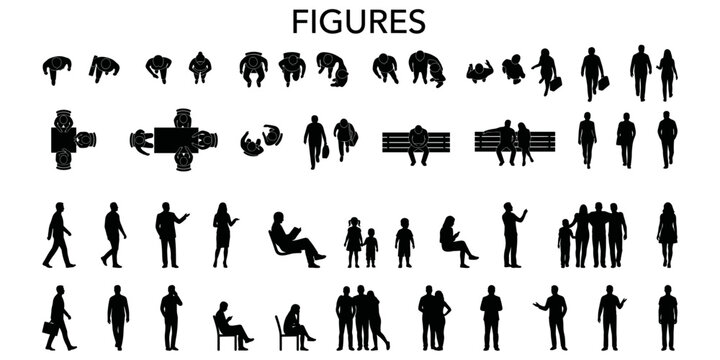 Architectural scale people silhouette vector set. Top view and elevation human figures for floor plans, sections, urban layouts, visualization and CAD blocks