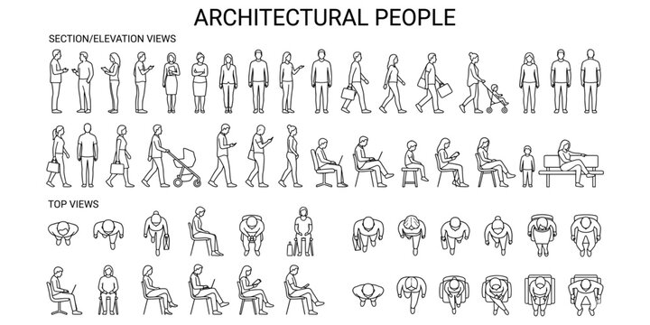 Architectural people outline vector illustration. Human figures standing, walking and sitting in front, side and top views for sections, elevations and floor plans