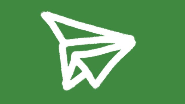 White chalk paper airplane outline icon drawn isolated on green screen chalkboard texture with hand-drawn paper plane flying sketch cartoon animation for simple message send line art element concept.