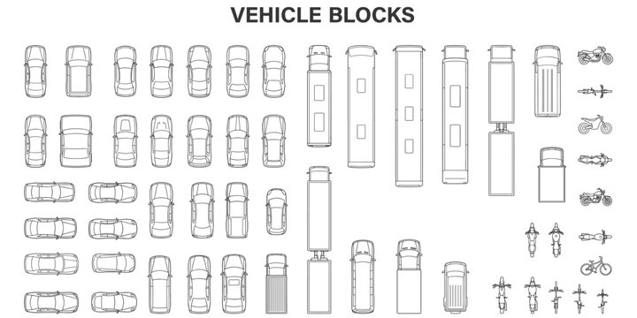 Architectural vehicle symbols vector illustration. Top view car, bus, truck, motorcycle and bicycle CAD block set for site plans, traffic maps and urban layouts